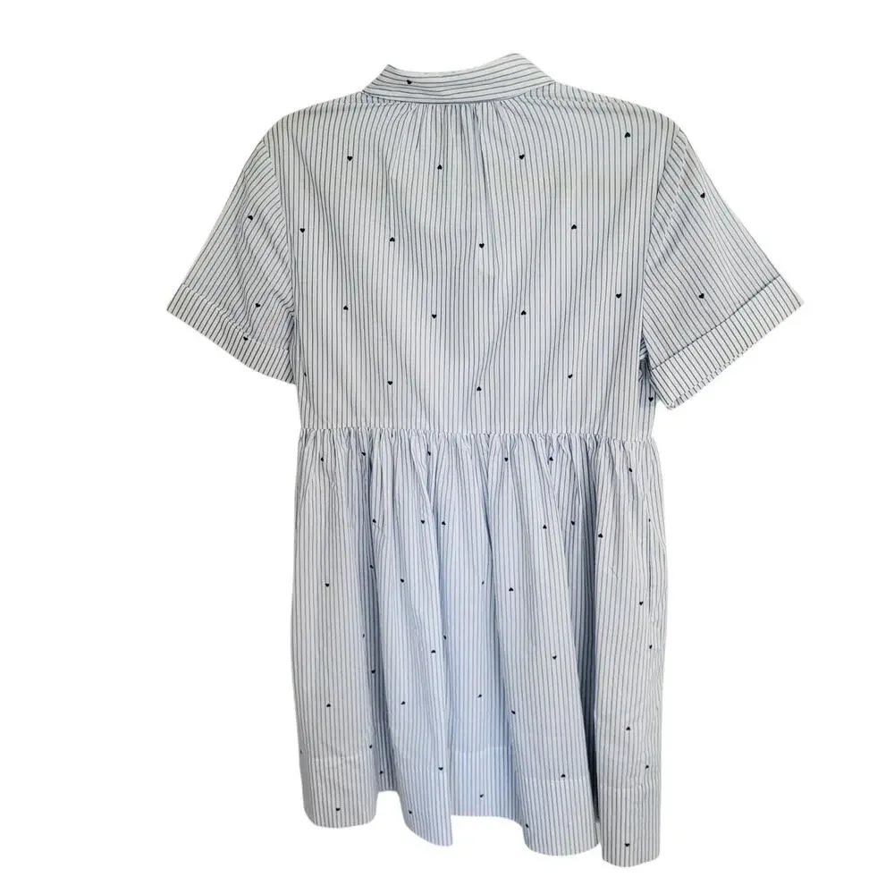Kate‎ Spade Striped Button Down Mini Shirt Dress Hearts Blue White Cotton Small